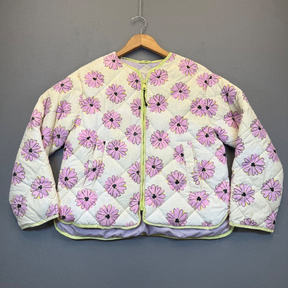 Zara Kids Floral Quilted Puffer Jacket‎ Purple Daisy Print Cream Size 13-14 READ